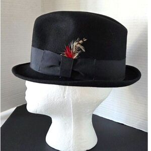 Goorin Brothers Vintage Black Wool Felt Fedora Hat Feather Accent Medium USA